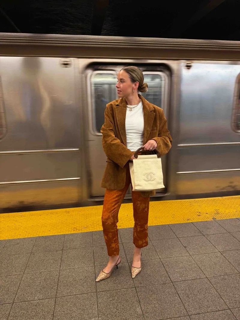 Annie on a subway platform in a camel suit with a canvas tote